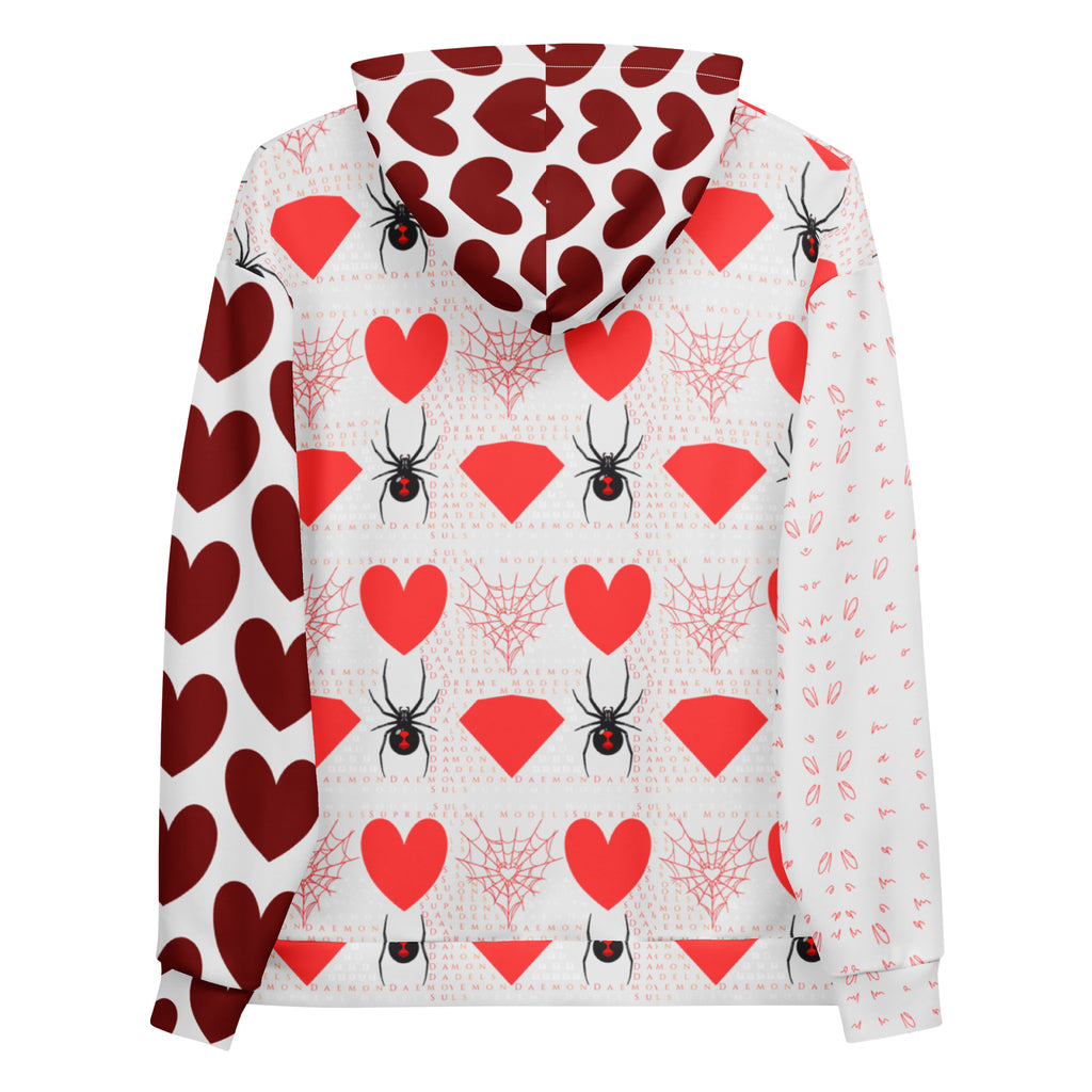 Recycled white unisex hoodie with all-over print of frosted hearts design by Daemon Luxury, featuring a hood and casual fit.