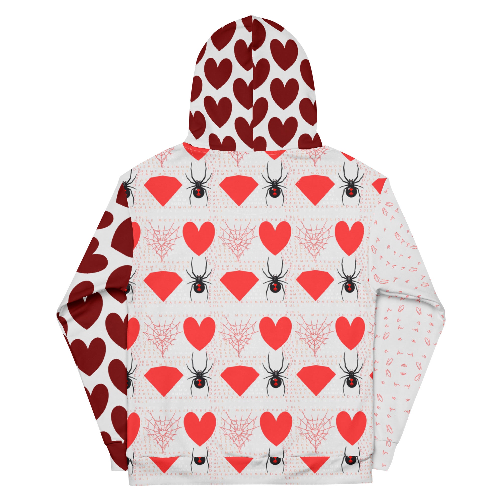 Recycled white unisex hoodie with all-over frosted hearts print by Daemon Luxury featuring a hood and casual fit.