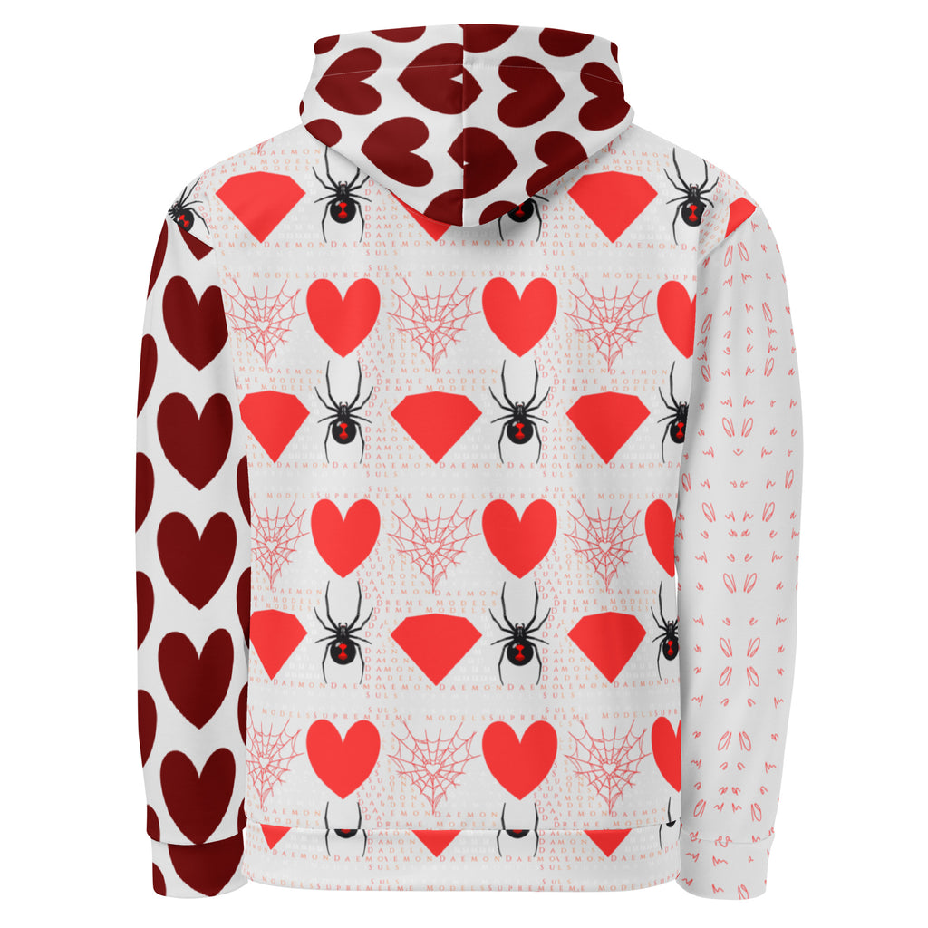 White unisex hoodie with all-over print of frosted hearts by Daemon Luxury, featuring a cozy hood and recycled fabric.