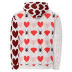 White unisex hoodie with all-over print of frosted hearts by Daemon Luxury, featuring a cozy hood and recycled fabric.