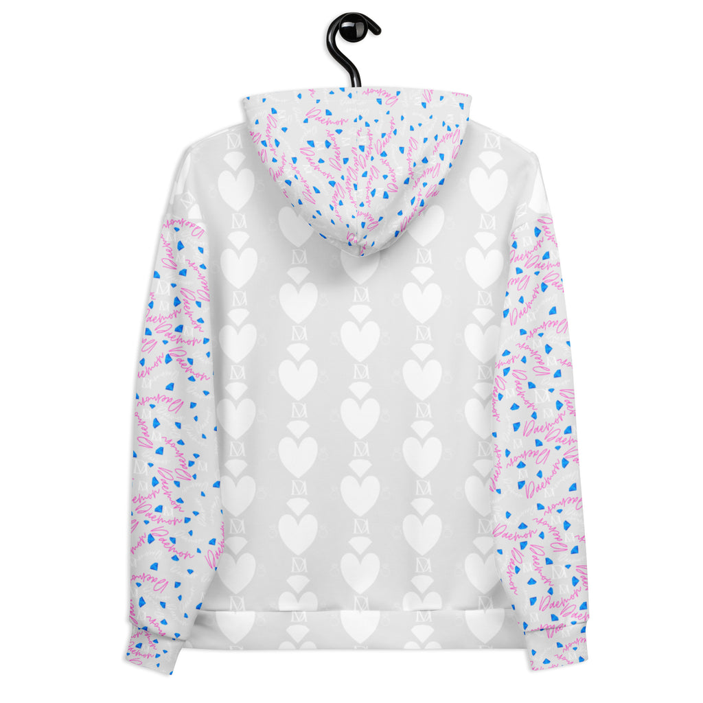Unisex white hoodie with all-over frosted heart print by Daemon Luxury, featuring a front pocket and adjustable hood.