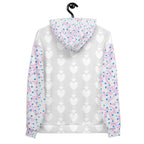 Unisex white hoodie with all-over frosted heart print by Daemon Luxury, featuring a front pocket and adjustable hood.