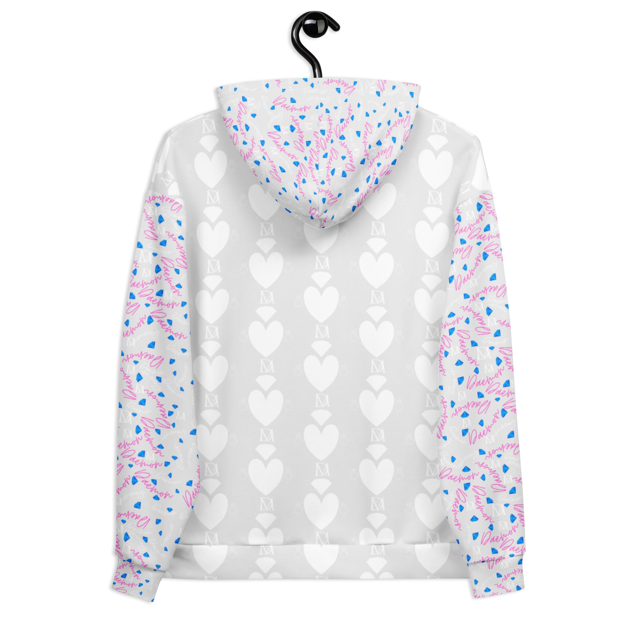 Unisex white hoodie with all-over frosted heart print by Daemon Luxury, featuring a front pocket and adjustable hood.