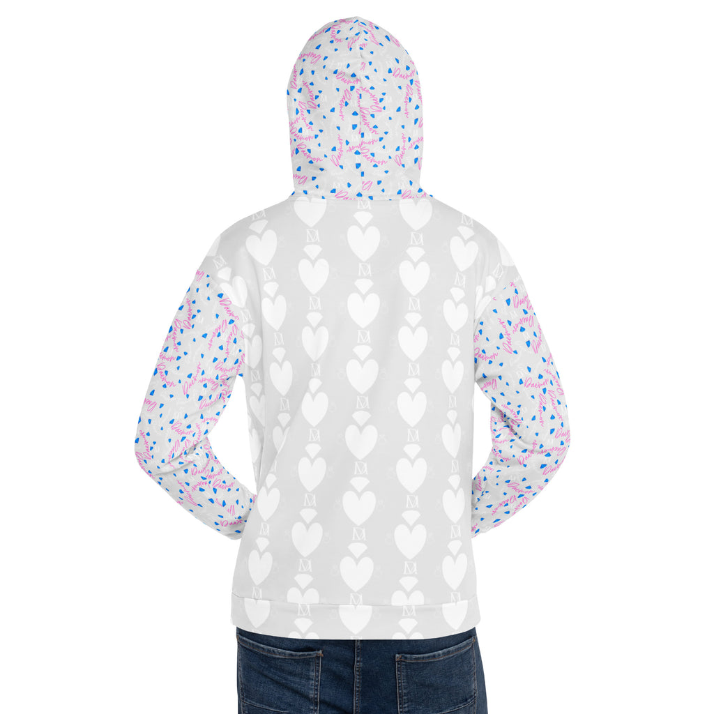 Recycled white unisex hoodie with all-over Picasso Hearts print and hood, designed by Daemon Luxury.