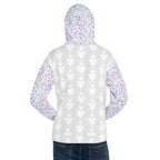 Recycled white unisex hoodie with all-over Picasso Hearts print and hood, designed by Daemon Luxury.