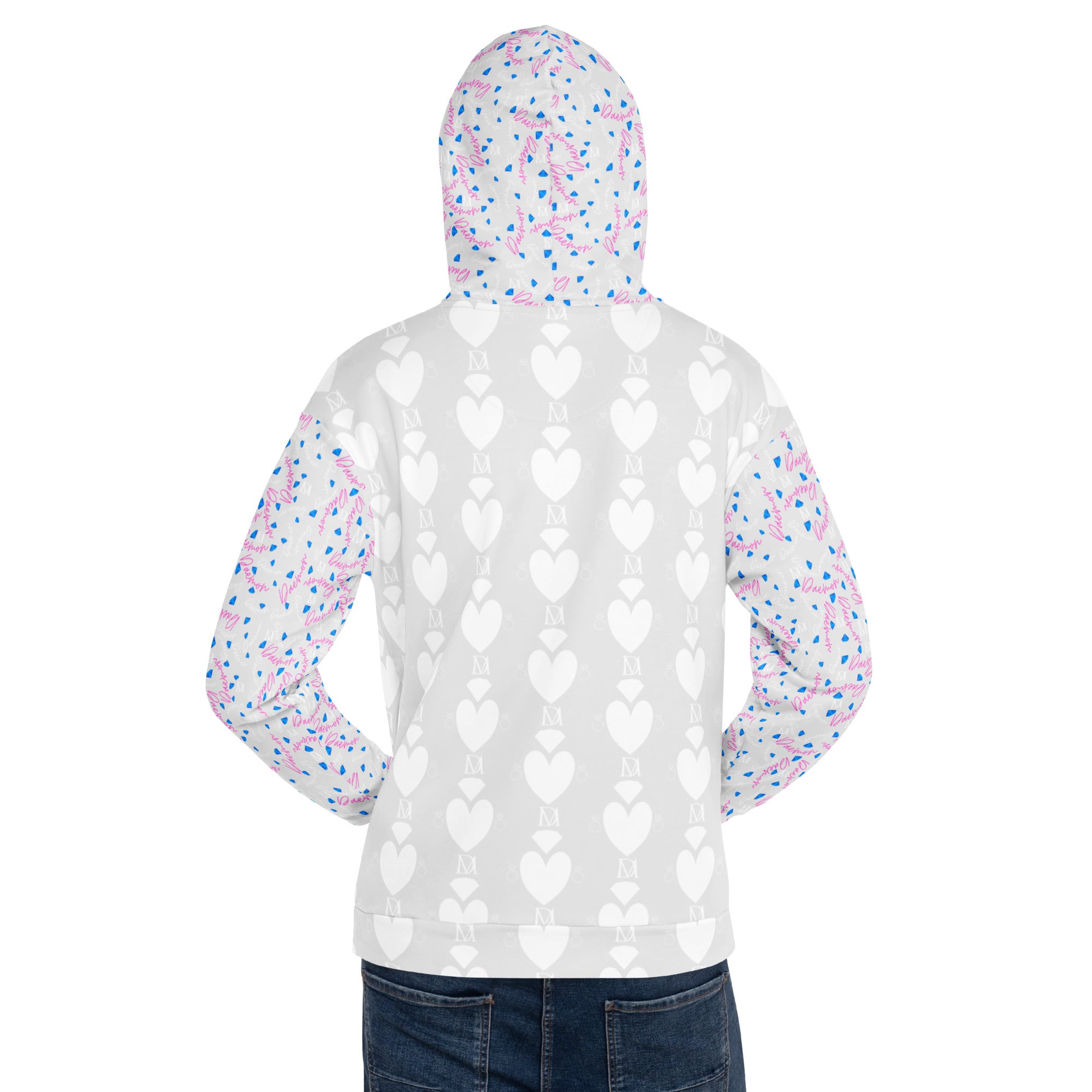 Recycled white unisex hoodie with all-over Picasso Hearts print and hood, designed by Daemon Luxury.
