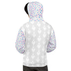 Recycled white unisex hoodie with all-over Picasso Hearts print by Daemon Luxury, featuring a hood and vibrant design.