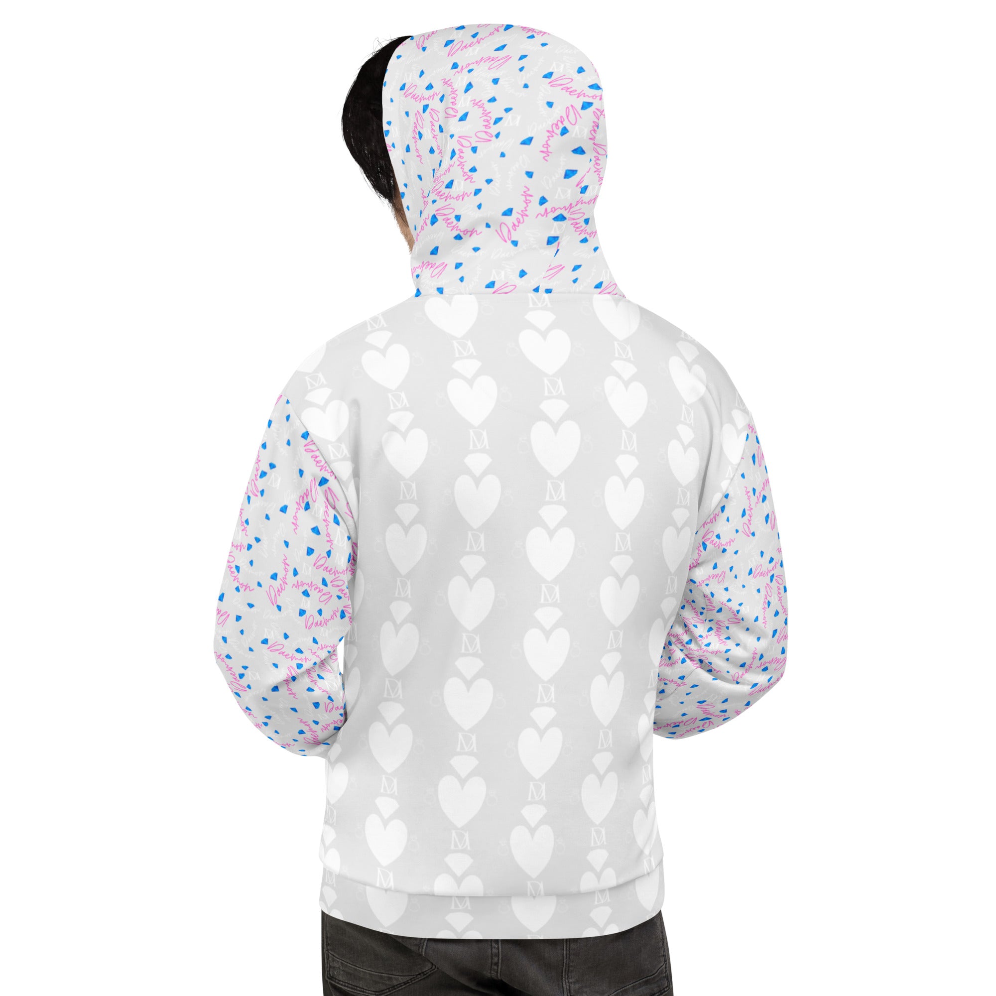 Recycled white unisex hoodie with all-over Picasso Hearts print by Daemon Luxury, featuring a hood and vibrant design.