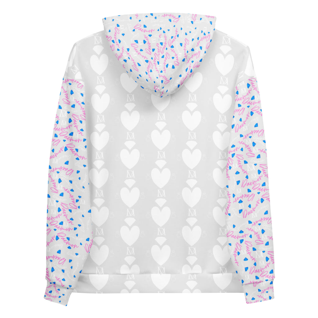 White recycled unisex hoodie with all-over Picasso Mirrors Frosted Hearts print by Daemon Luxury, showing the back view.