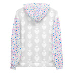 White recycled unisex hoodie with all-over Picasso Mirrors Frosted Hearts print by Daemon Luxury, showing the back view.