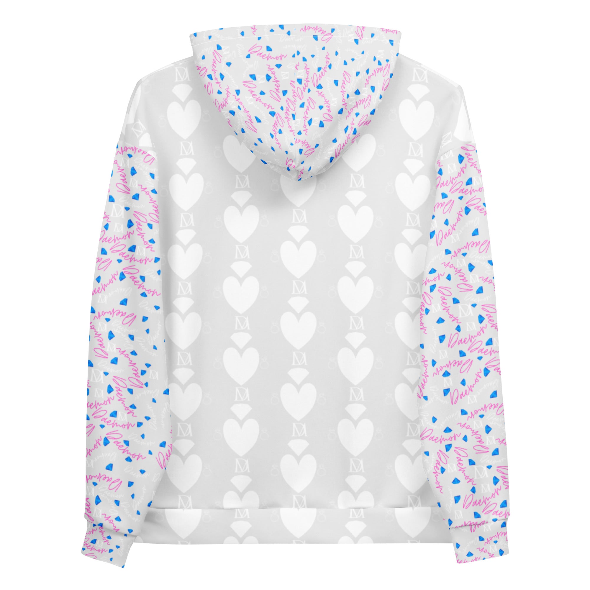 White recycled unisex hoodie with all-over Picasso Mirrors Frosted Hearts print by Daemon Luxury, showing the back view.
