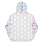 Recycled white unisex hoodie with all-over frosted hearts Picasso mirror print by Daemon Luxury.