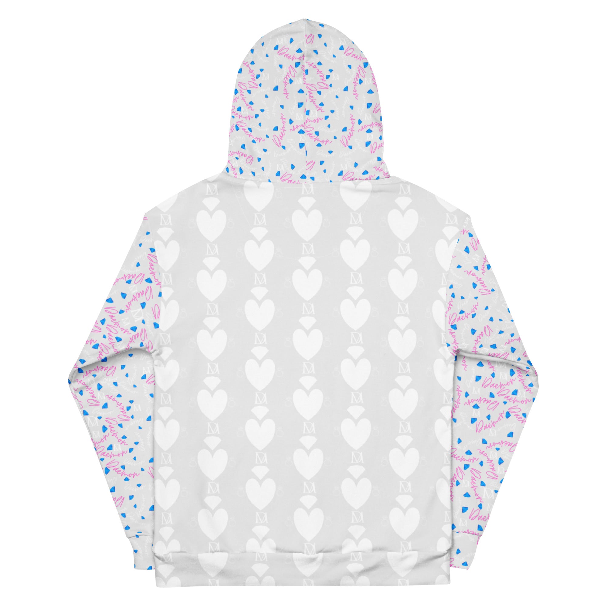 Recycled white unisex hoodie with all-over frosted hearts Picasso mirror print by Daemon Luxury.