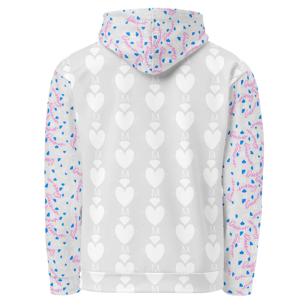 Unisex white hoodie with all-over frosted hearts print by Daemon Luxury, featuring a comfortable hood and recycled fabric.