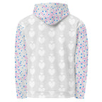 Unisex white hoodie with all-over frosted hearts print by Daemon Luxury, featuring a comfortable hood and recycled fabric.