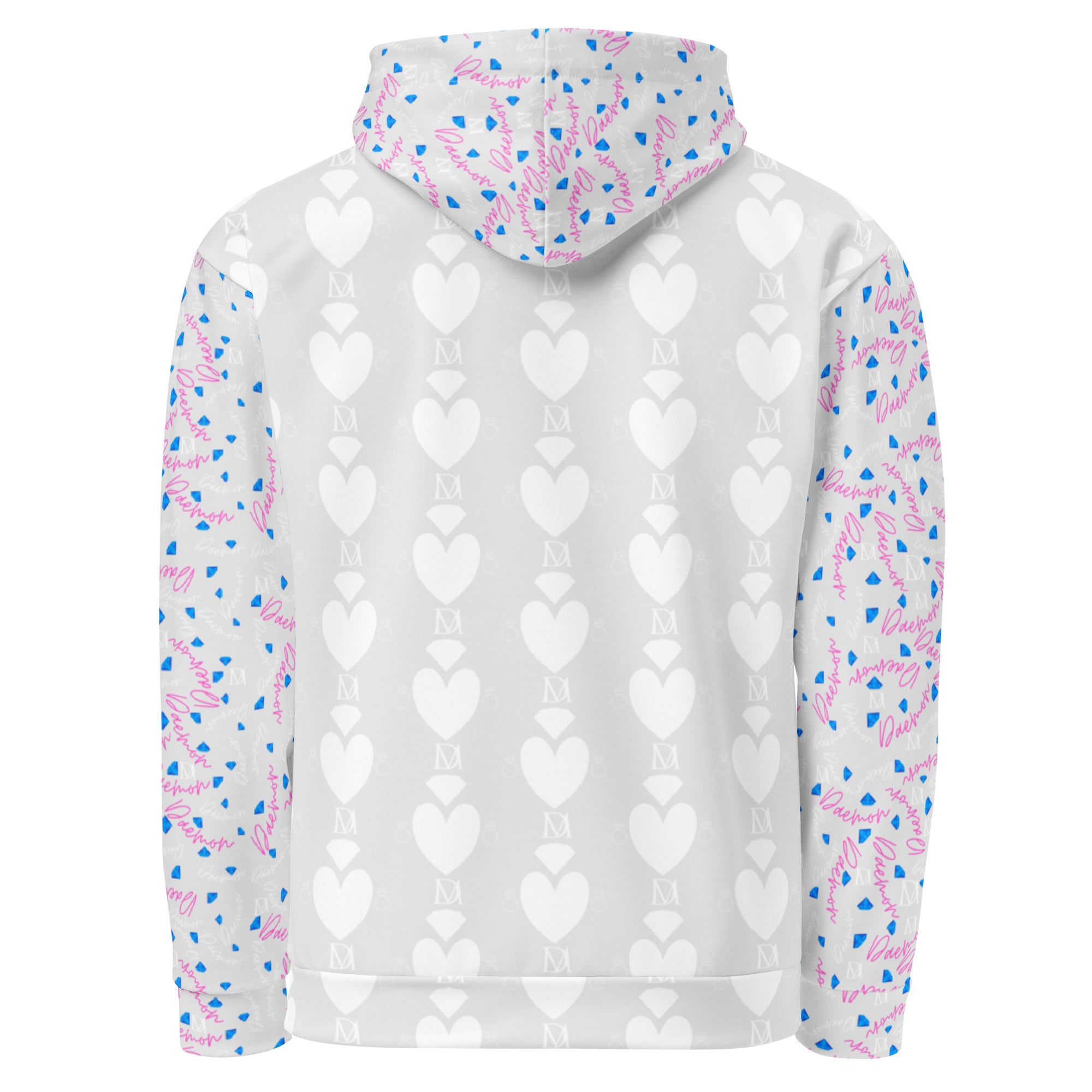 Unisex white hoodie with all-over frosted hearts print by Daemon Luxury, featuring a comfortable hood and recycled fabric.