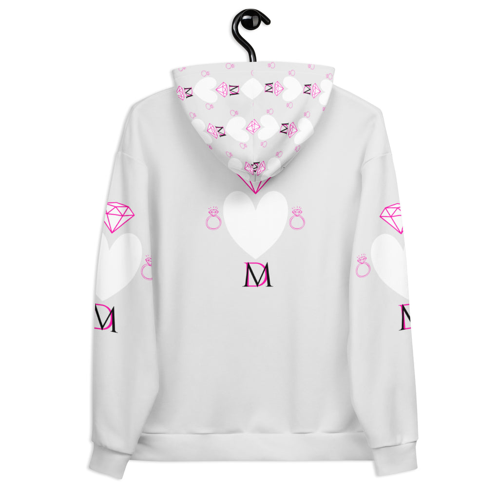 White unisex hoodie with all-over frosted heart print, featuring a cozy hood and recycled fabric by Daemon Luxury.