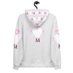 White unisex hoodie with all-over frosted heart print, featuring a cozy hood and recycled fabric by Daemon Luxury.