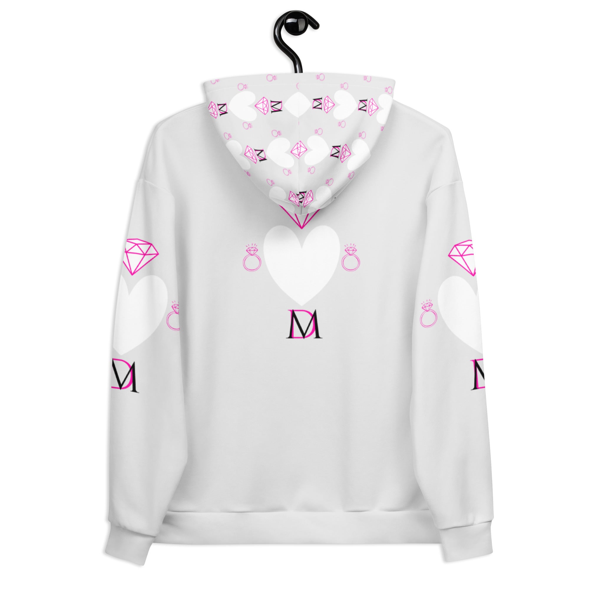 White unisex hoodie with all-over frosted heart print, featuring a cozy hood and recycled fabric by Daemon Luxury.