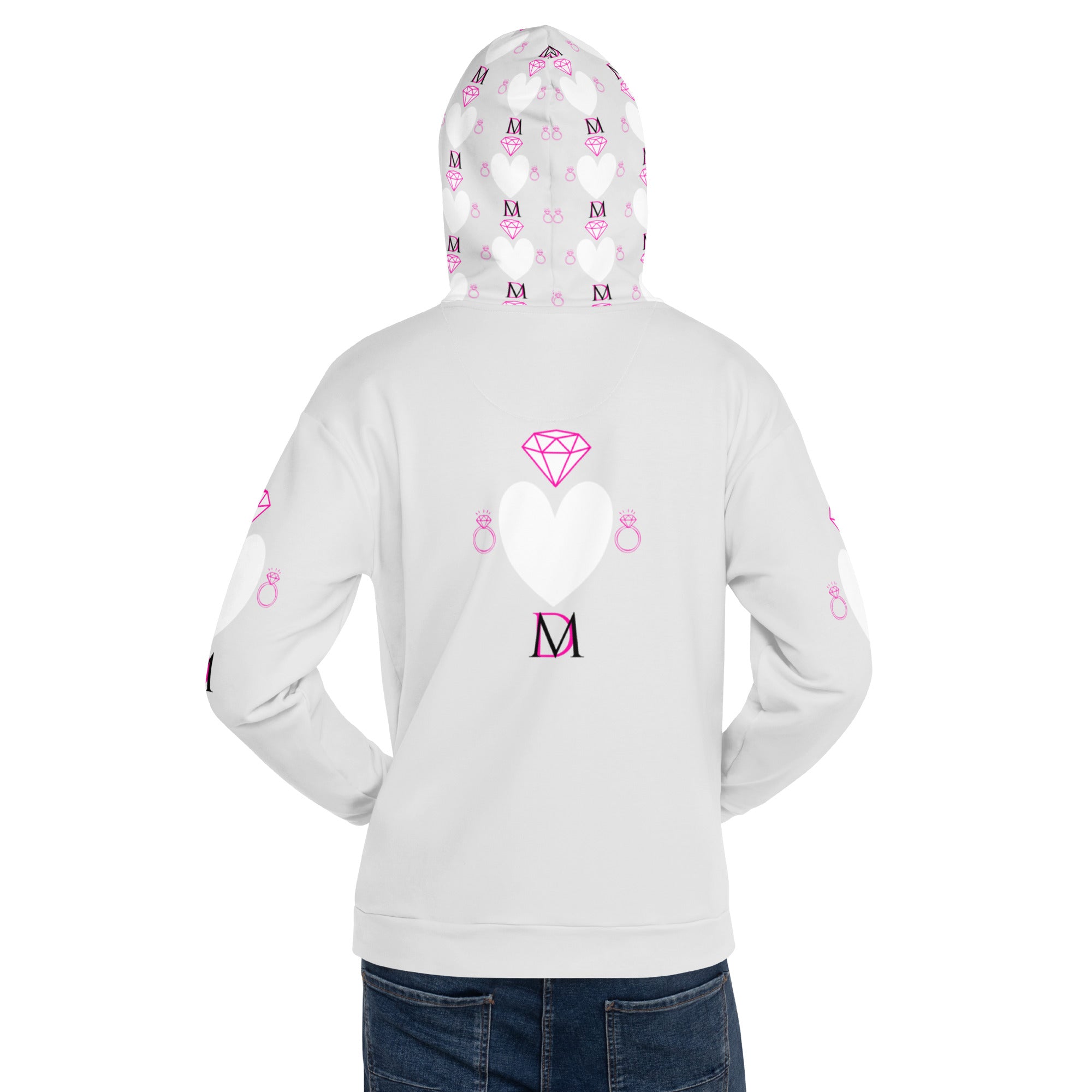 Recycled white unisex hoodie with all-over frosted heart print, featuring a hood and casual fit by Daemon Luxury.