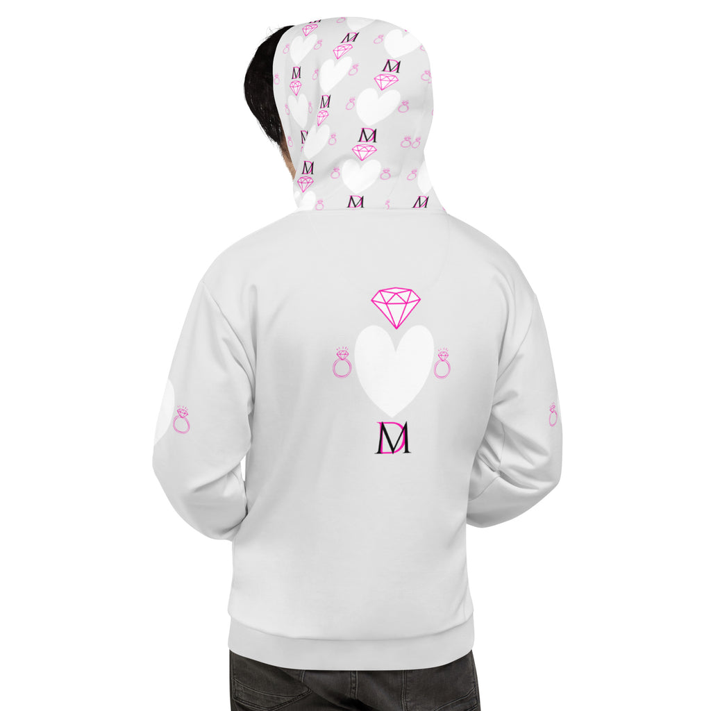 Recycled white unisex hoodie with all-over frosted heart print from Daemon Luxury, featuring a cozy hood and relaxed fit.
