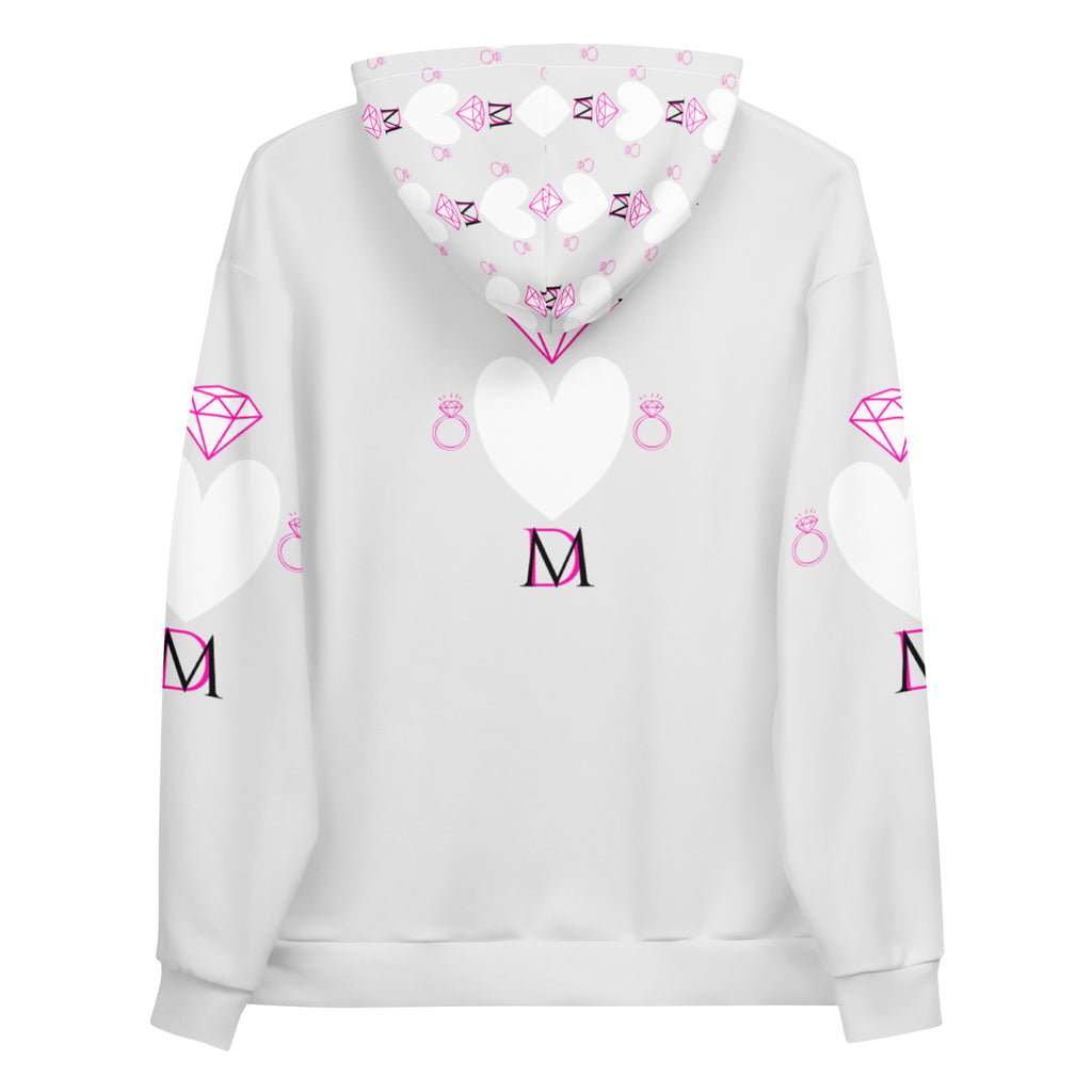 White recycled unisex hoodie featuring all-over print of frosted hearts design by Daemon Luxury on the back.
