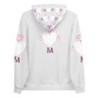 White recycled unisex hoodie featuring all-over print of frosted hearts design by Daemon Luxury on the back.
