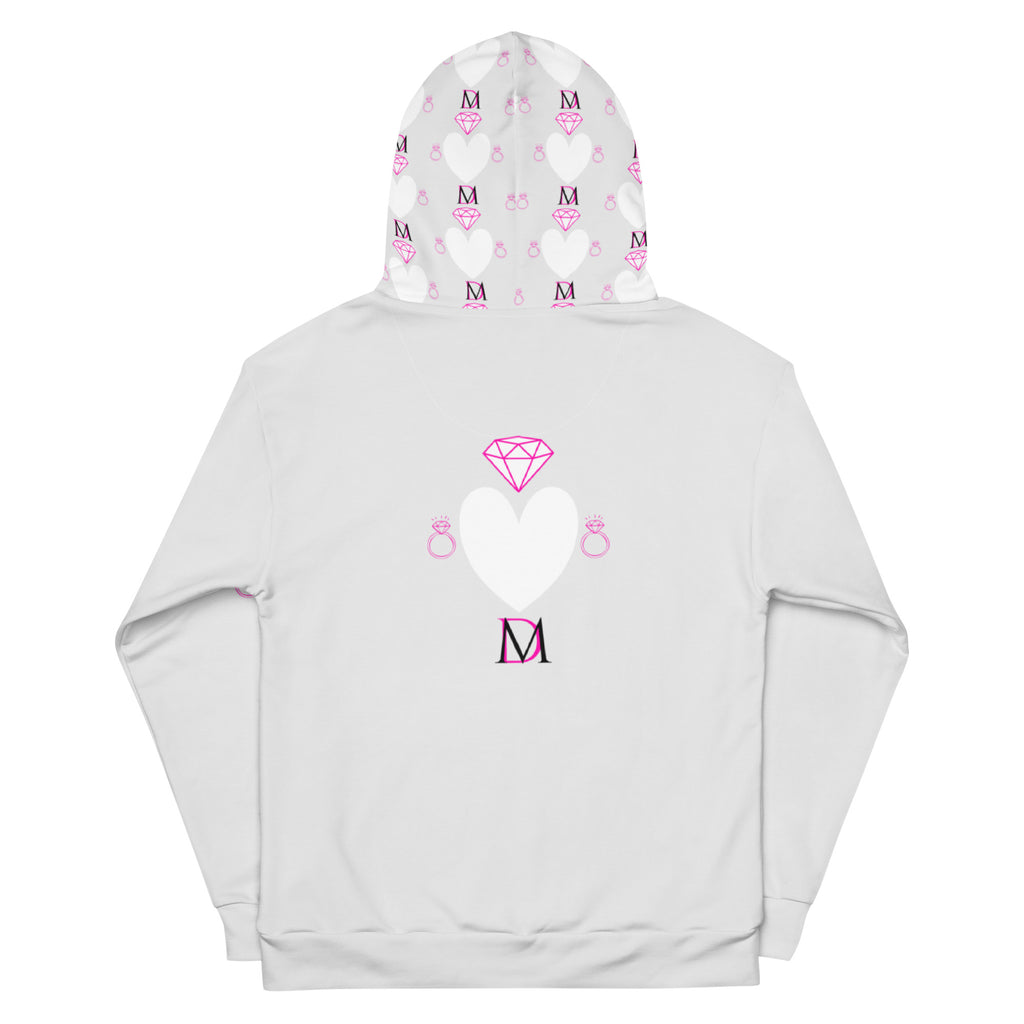 White recycled unisex hoodie with all-over frosted hearts print and hood, by Daemon Luxury.