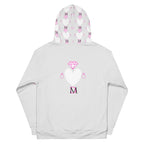 White recycled unisex hoodie with all-over frosted hearts print and hood, by Daemon Luxury.
