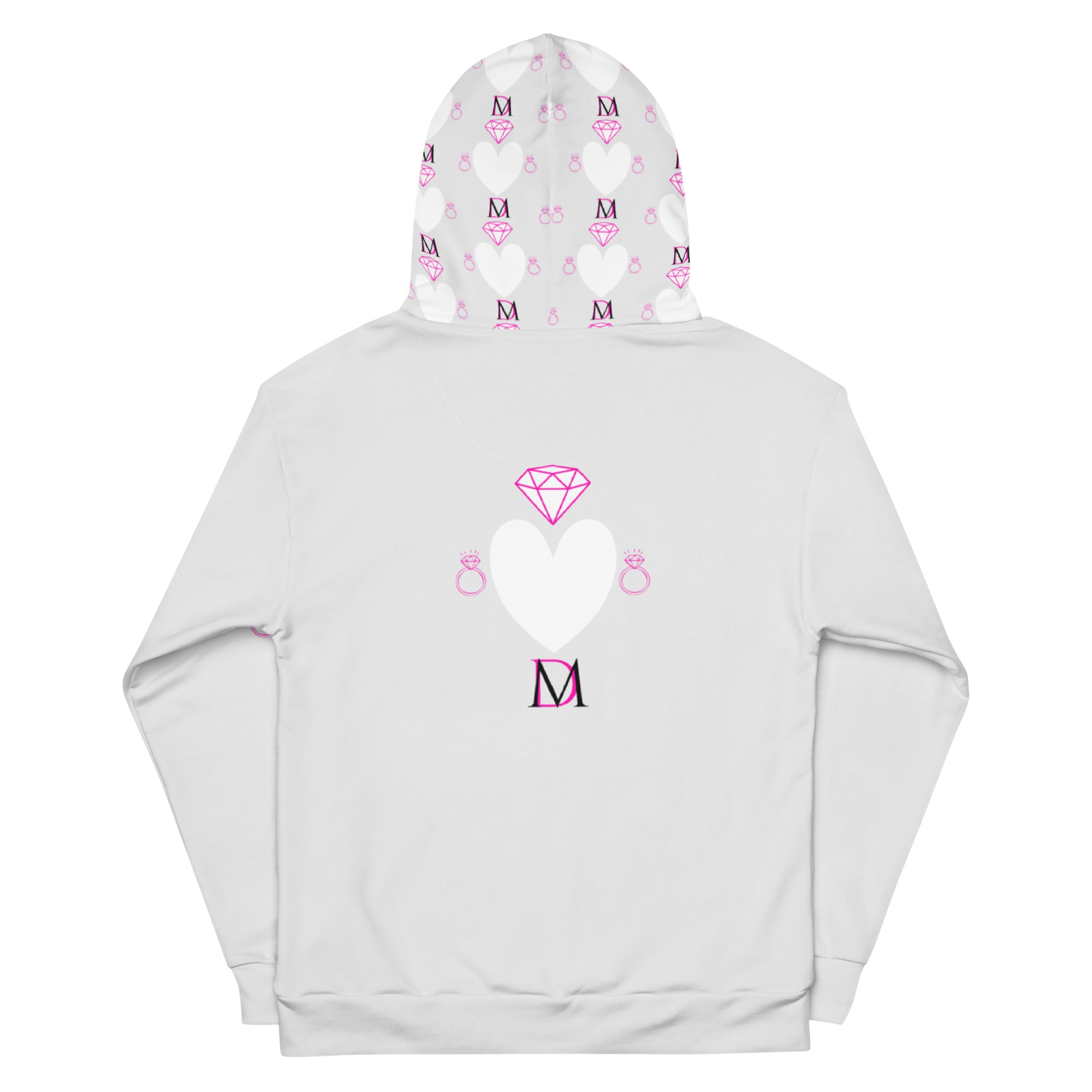 White recycled unisex hoodie with all-over frosted hearts print and hood, by Daemon Luxury.