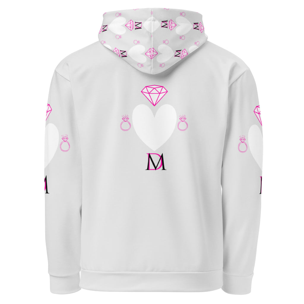 Recycled white unisex hoodie by Daemon Luxury with all-over print of frosted hearts design on the back.
