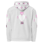 Recycled white unisex hoodie by Daemon Luxury with all-over print of frosted hearts design on the back.