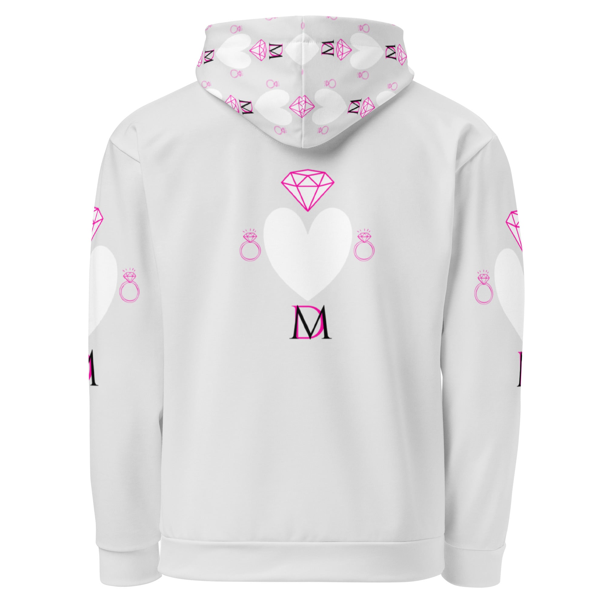 Recycled white unisex hoodie by Daemon Luxury with all-over print of frosted hearts design on the back.