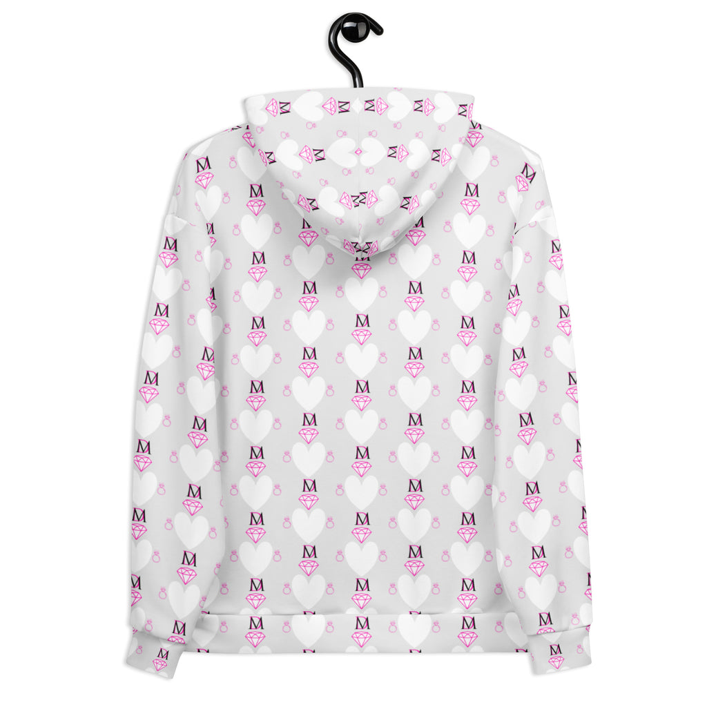 Recycled white unisex hoodie with frosted hearts print by Daemon Luxury, featuring a front pocket and hood design.