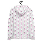 Recycled white unisex hoodie with frosted hearts print by Daemon Luxury, featuring a front pocket and hood design.