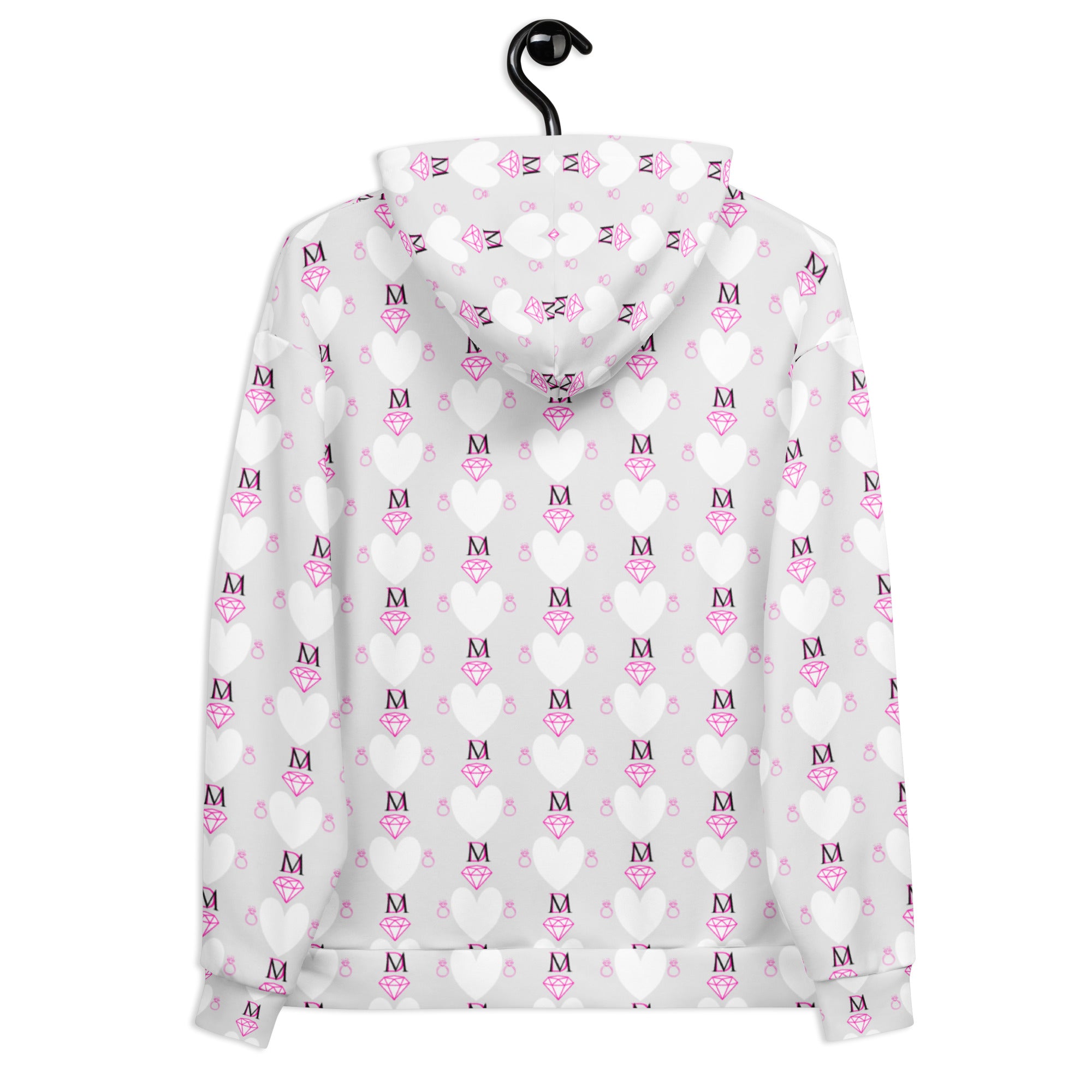 Recycled white unisex hoodie with frosted hearts print by Daemon Luxury, featuring a front pocket and hood design.