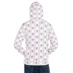 Recycled white unisex hoodie with all-over frost heart print from Daemon Luxury Arctic Spade collection.