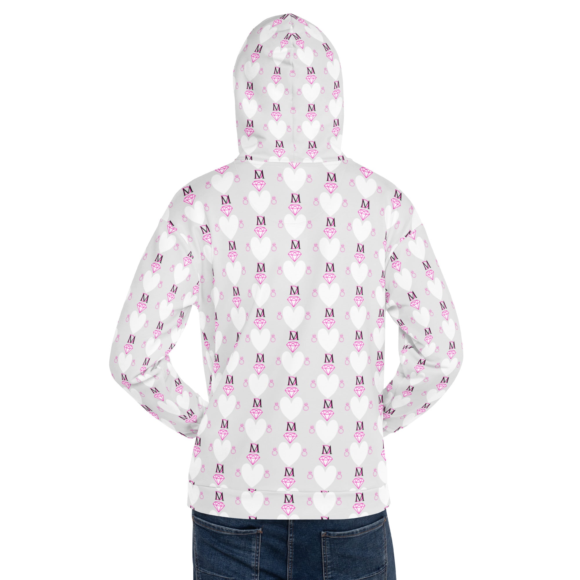 Recycled white unisex hoodie with all-over frost heart print from Daemon Luxury Arctic Spade collection.