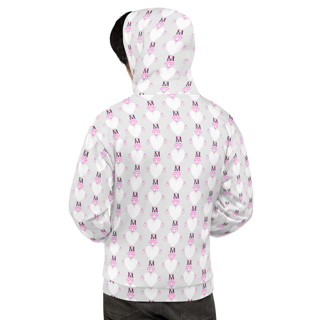 Recycled white hoodie with all-over frosted heart print, featuring a front pocket and hood, by Daemon Luxury.
