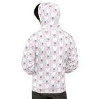 Recycled white hoodie with all-over frosted heart print, featuring a front pocket and hood, by Daemon Luxury.