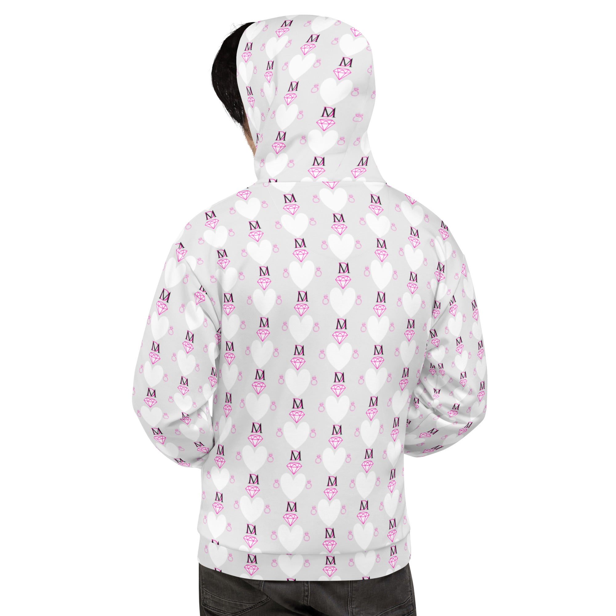 Recycled white hoodie with all-over frosted heart print, featuring a front pocket and hood, by Daemon Luxury.