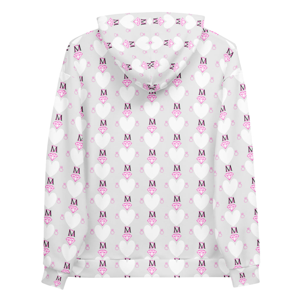 Recycled white Felpa Cappucio hoodie with all-over frosted hearts print by Daemon Luxury, unisex casual wear.