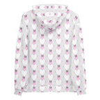Recycled white Felpa Cappucio hoodie with all-over frosted hearts print by Daemon Luxury, unisex casual wear.