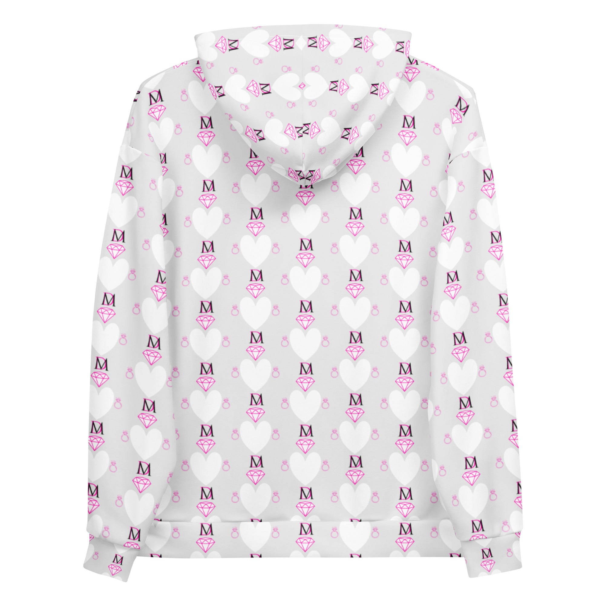 Recycled white Felpa Cappucio hoodie with all-over frosted hearts print by Daemon Luxury, unisex casual wear.