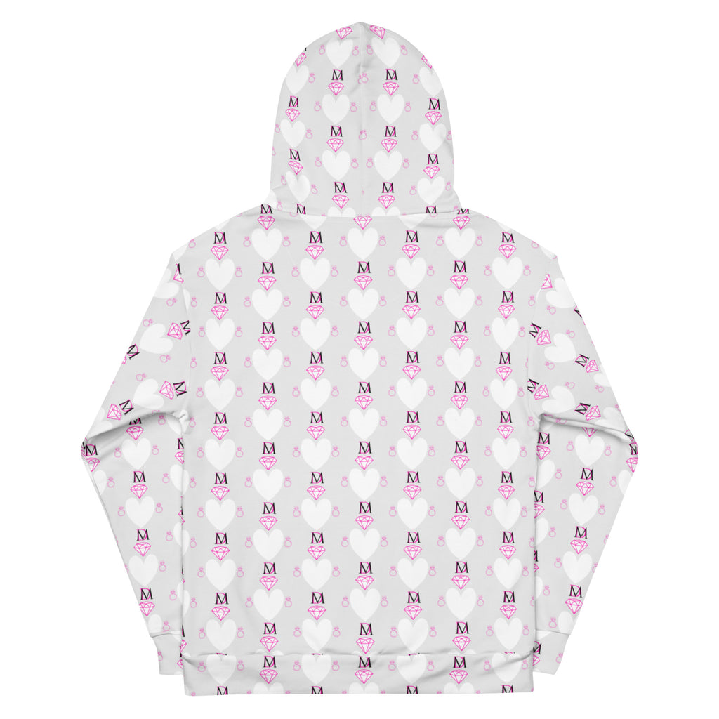 Recycled white unisex hoodie with frosted hearts Arctic Spade art print by Daemon Luxury, showing back view.