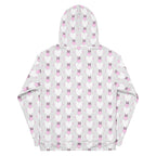 Recycled white unisex hoodie with frosted hearts Arctic Spade art print by Daemon Luxury, showing back view.