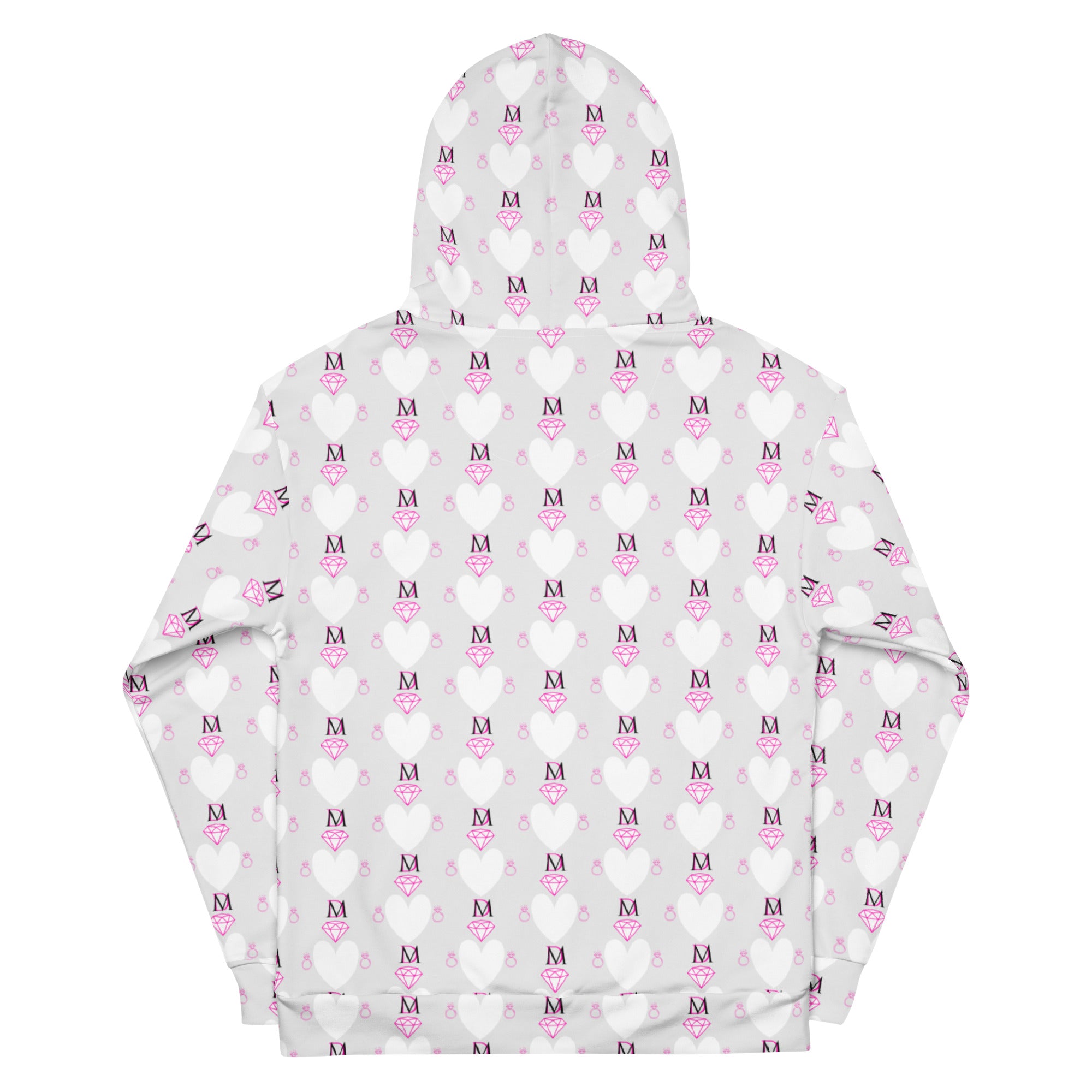 Recycled white unisex hoodie with frosted hearts Arctic Spade art print by Daemon Luxury, showing back view.