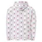 Unisex white hoodie with all-over print of frosted hearts design by Daemon Luxury, featuring a cozy hood and casual style.