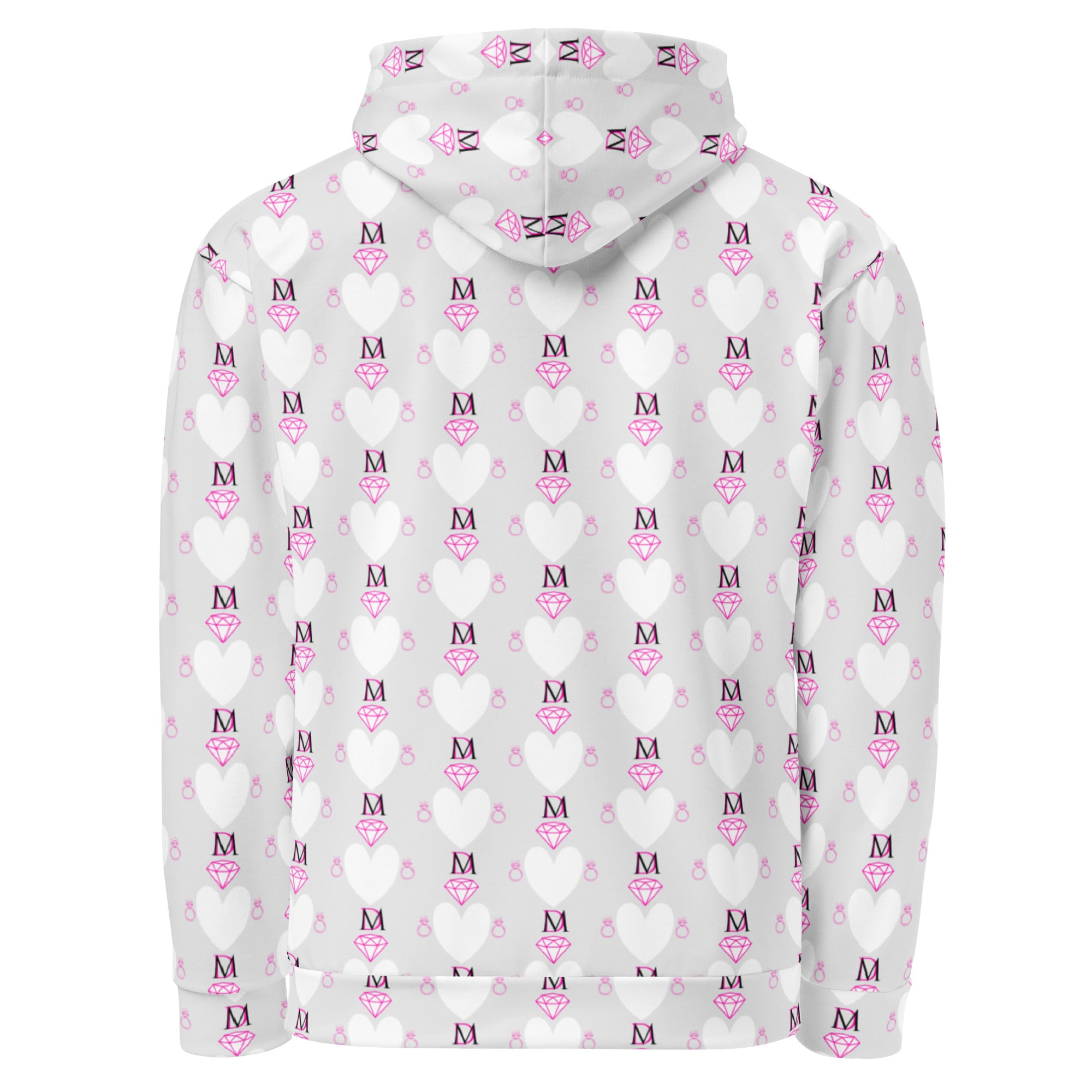 Unisex white hoodie with all-over print of frosted hearts design by Daemon Luxury, featuring a cozy hood and casual style.