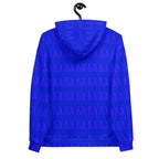 Unisex white hooded sweatshirt with all-over electrical indigo print by Daemon Luxury, made from recycled materials.